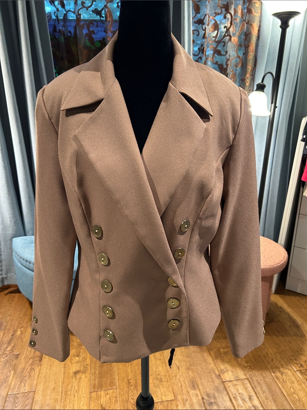 Midnight Velvet Brown Double-Breasted Blazer with Gold Buttons